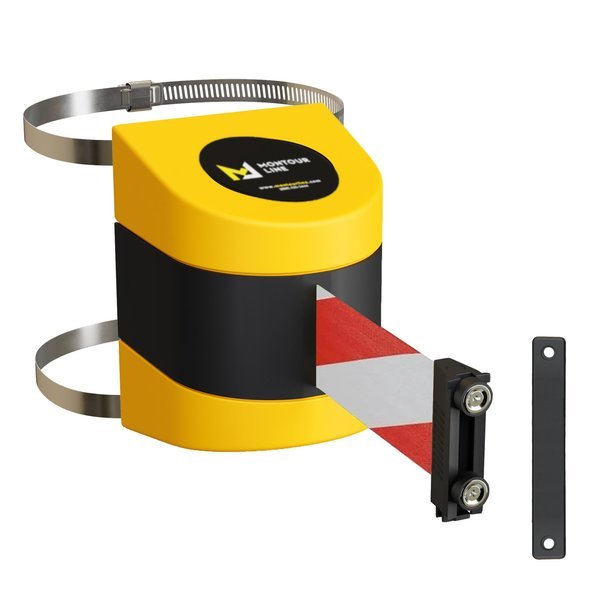 Retractable Belt Barrier YW Clamped Wall Mount, 13' Rd/Wh Belt (M), Montour Line, Mfr#: WMX140-YW-RWD-C-M-130
